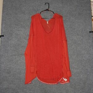 Free People We The Free Tunic Top Womens S Orange V-Neck Oversized Linen Blend